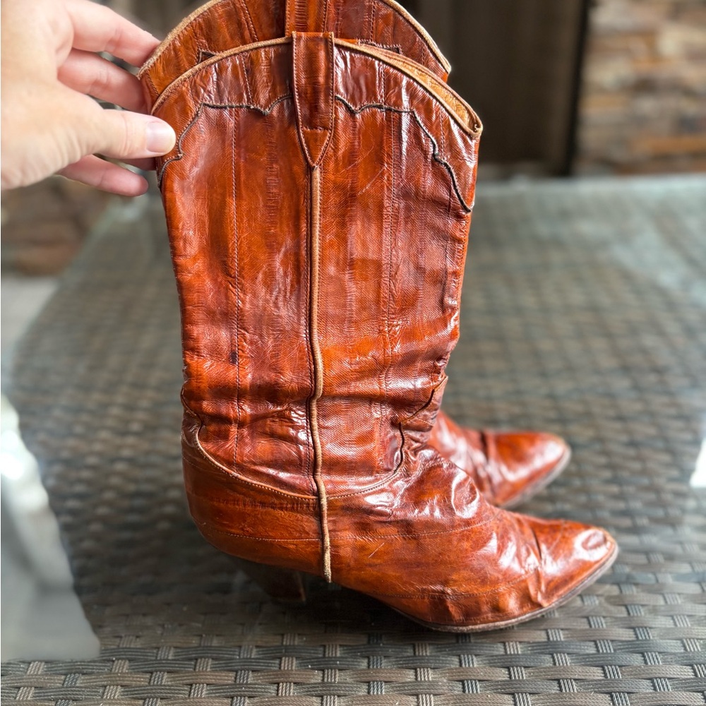 Vintage Saffron Handmade in Spain Brown Eel Leather Cowboy Boots